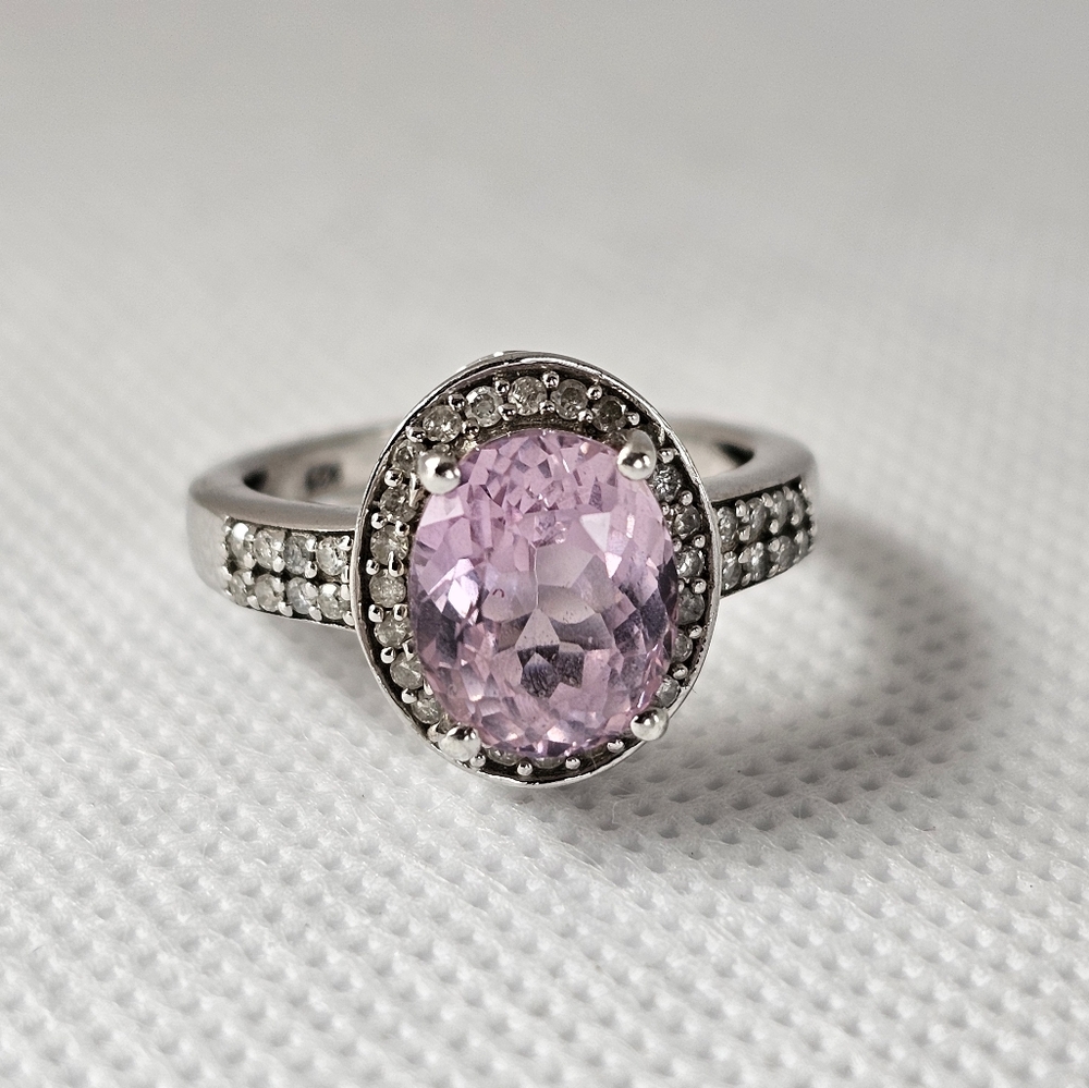 Natural Pink Kunzite & Diamond Ring in Platinum Over Sterling Silver Sz 7! - Picture 5 of 9